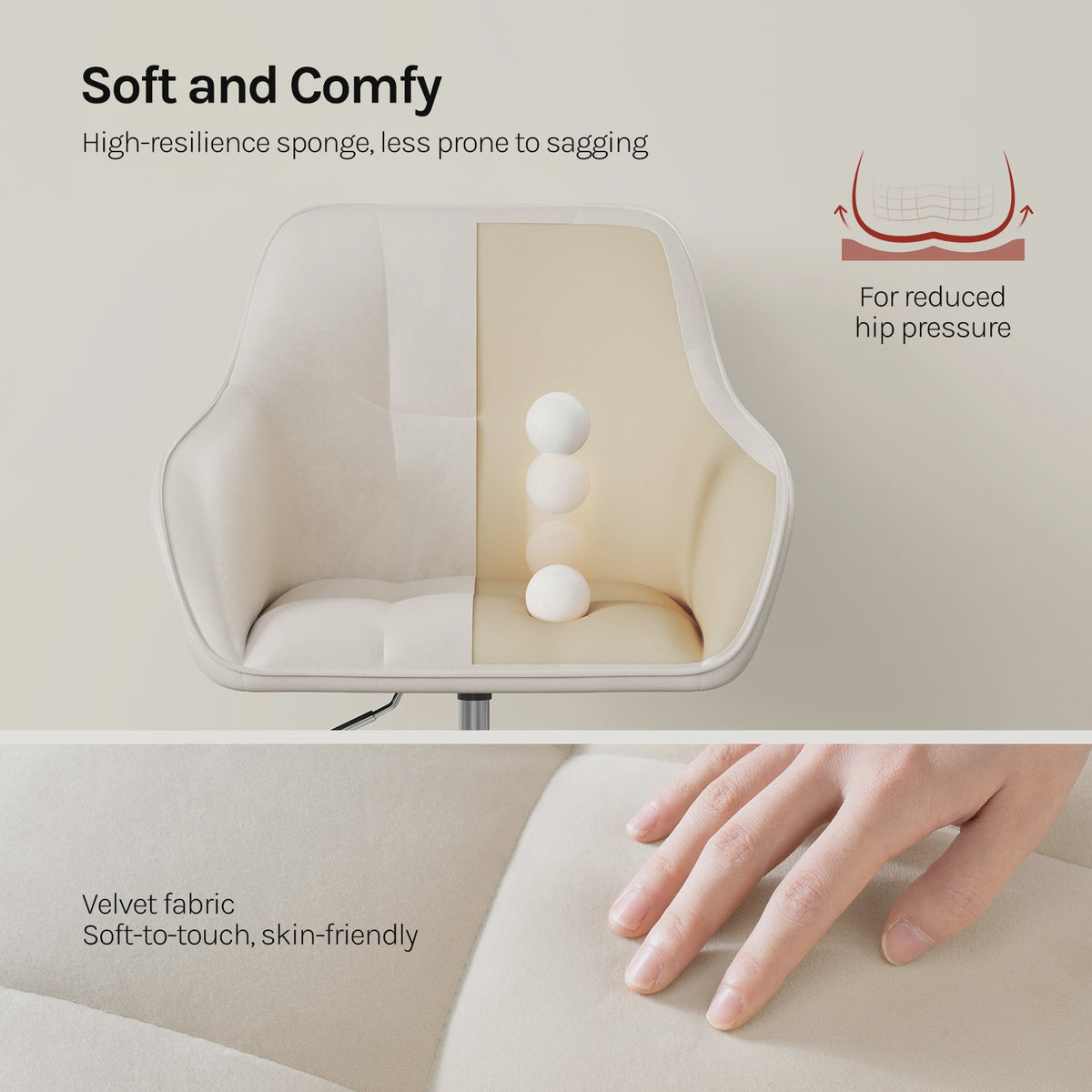 Velours bureaustoel met hoge rugleuning, draaibaar en in hoogte verstelbaar - Comfortabel en Ergonomisch