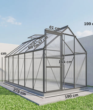 Outsunny Polycarbonaat Aluminium Tuinkas met Fundering - Schuifdeur & Verstelbaar Raam - 190x199 cm