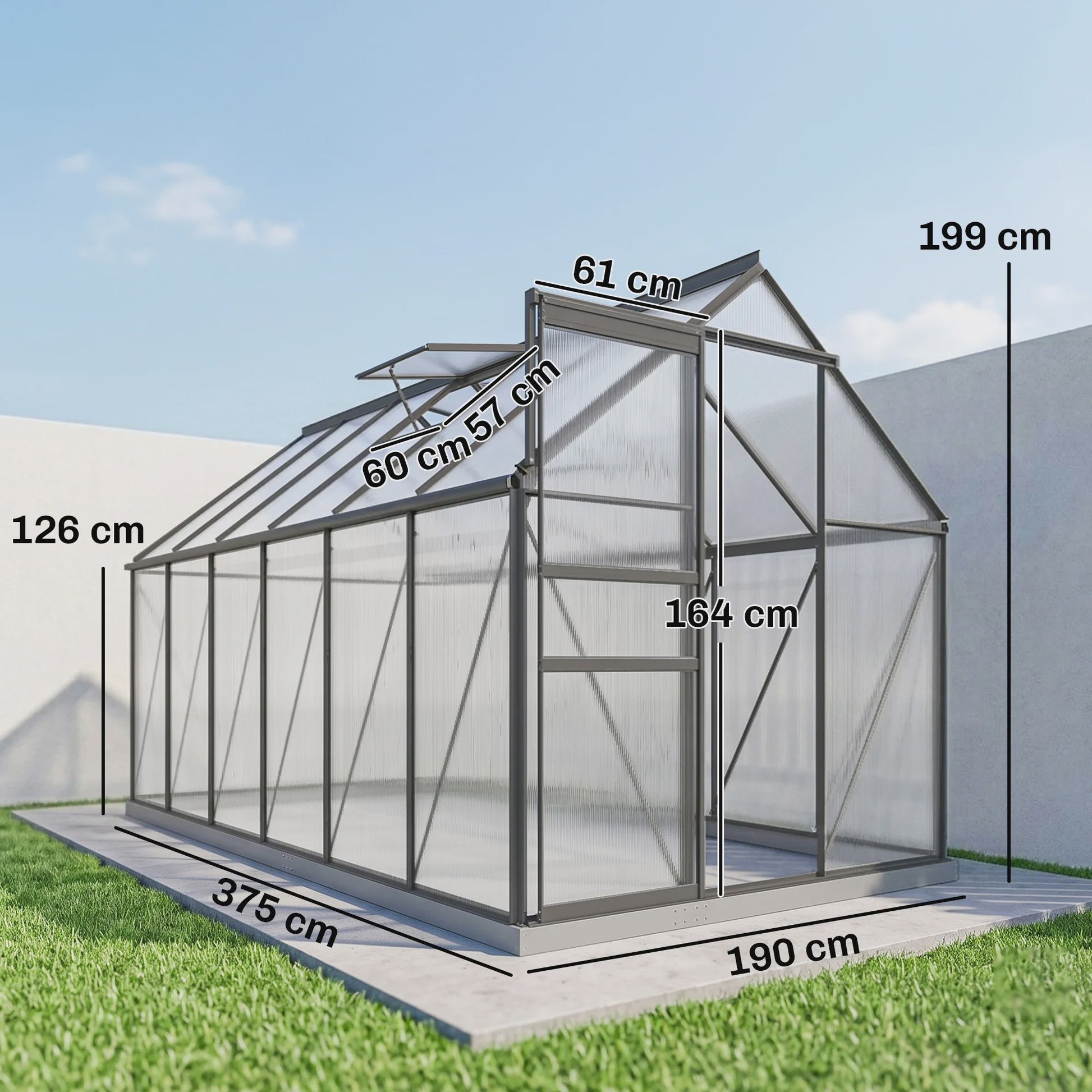 Outsunny Polycarbonaat Aluminium Tuinkas met Fundering - Schuifdeur & Verstelbaar Raam - 190x199 cm