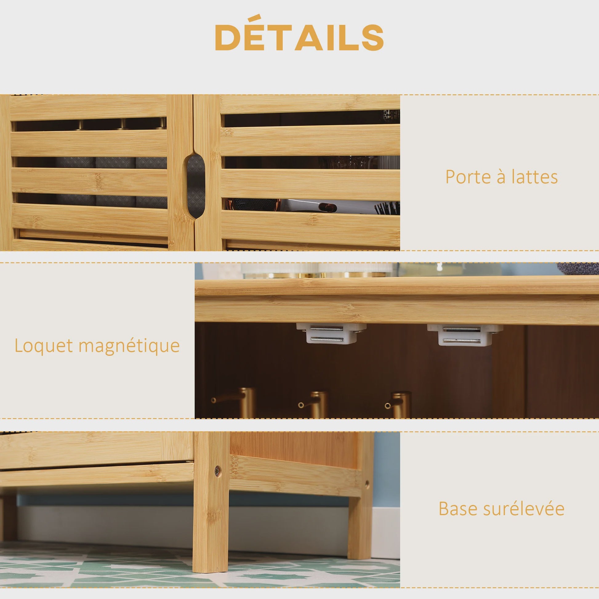 Bamboo Badkamerkast met 3 Niveaus en Dubbele Lameldeuren - 68x32x86 cm - Natuurlijk