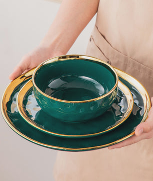 LOVECASA 12/24-delig Servies Set - Porselein met Gouden Rand - Dinerborden & Kommetjes