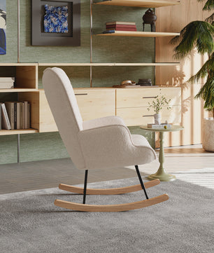 Luxe Teddy Fleece Schommelstoel Beige - Comfortabele Relaxfauteuil met Houten Basis