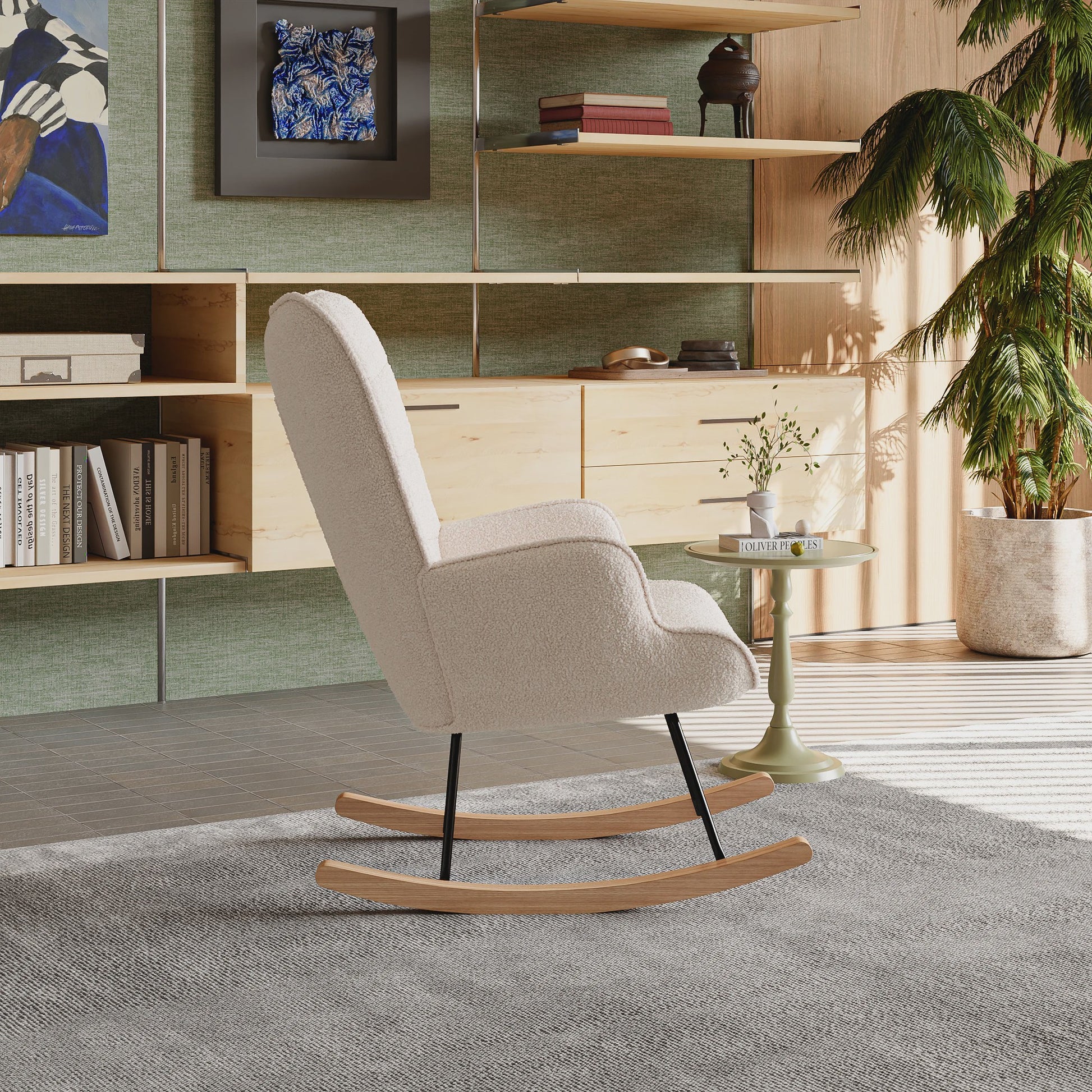 Luxe Teddy Fleece Schommelstoel Beige - Comfortabele Relaxfauteuil met Houten Basis