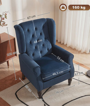 Donkerblauwe gestoffeerde fauteuil met brede zitting en klassieke houten poten - Comfortabel en stijlvol