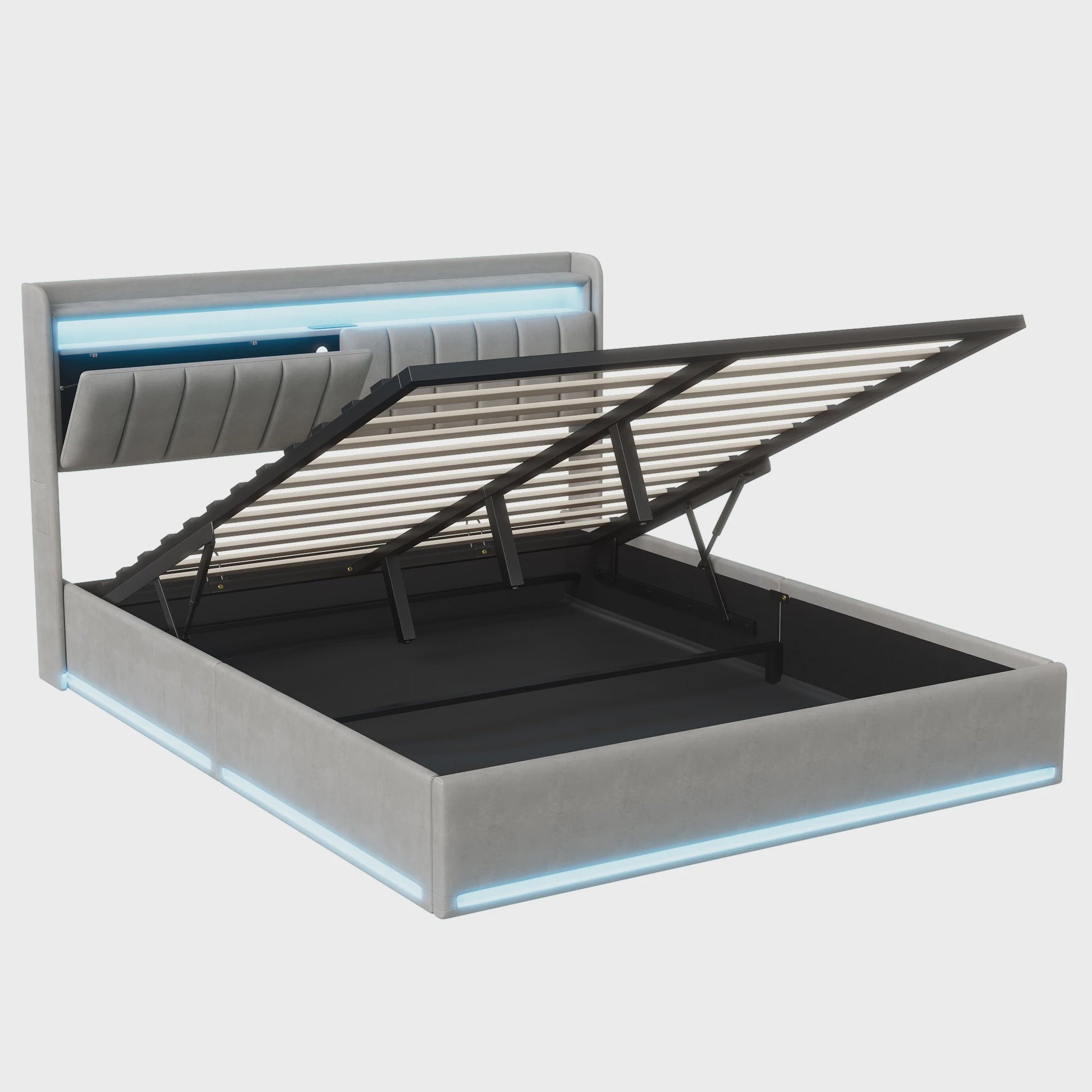 Luxe Gestoffeerd 140x200cm Bed met LED, USB & Hydraulische Opbergruimte