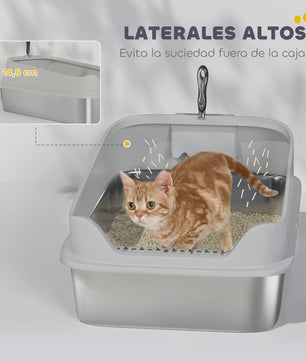 XXL Rvs Kattenbak met Hoge Rand, Lekvrij en Makkelijk Schoon te Maken, Inclusief Schep