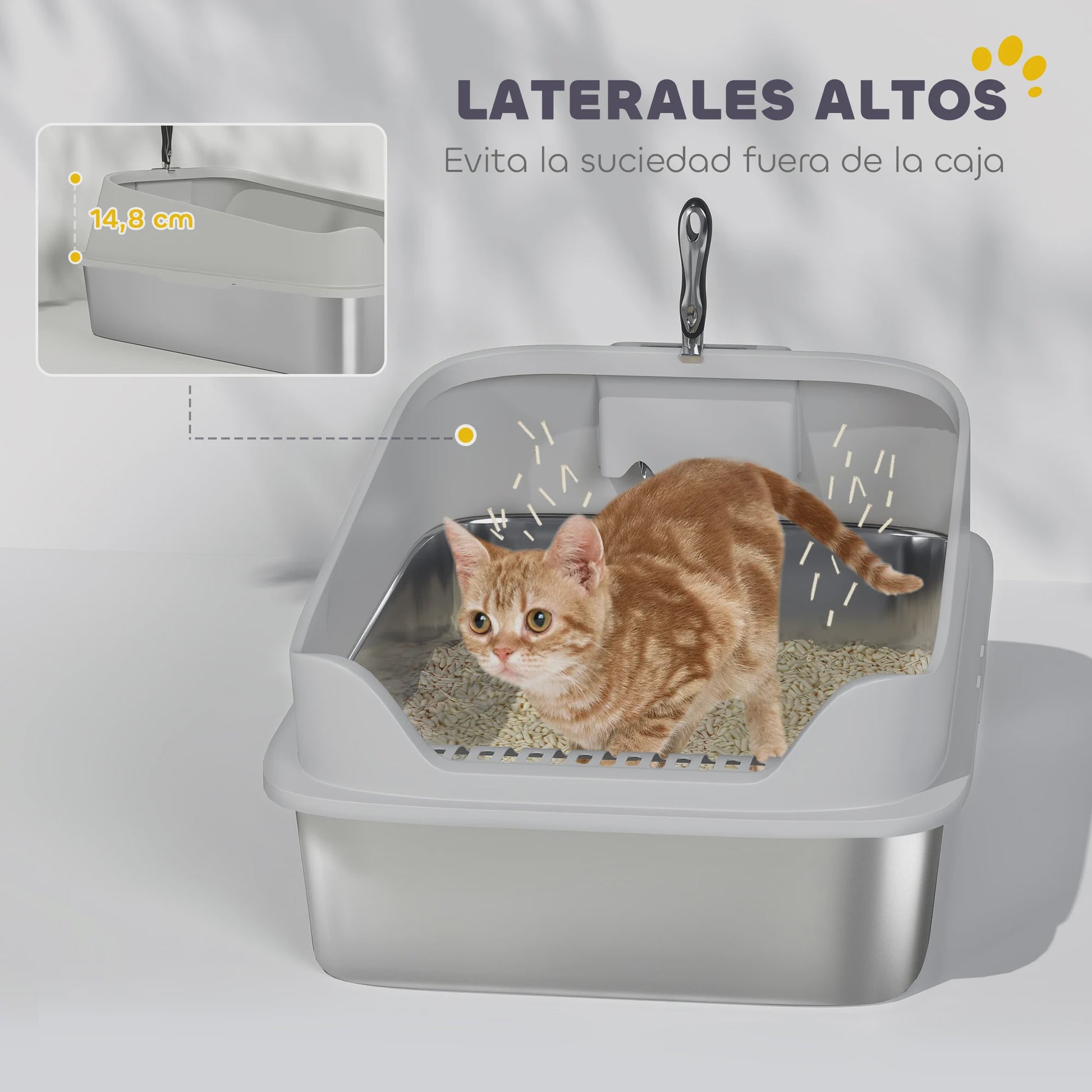 XXL Rvs Kattenbak met Hoge Rand, Lekvrij en Makkelijk Schoon te Maken, Inclusief Schep