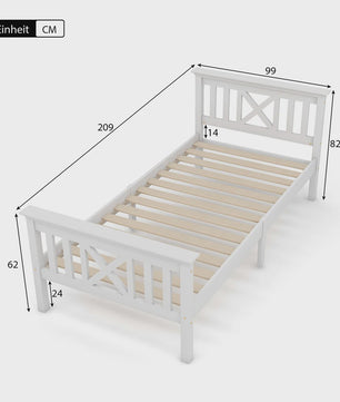 Massief Houten Eenpersoonsbed 90x200 cm met Lattenbodem en Hoofdbord - Wit Grenen