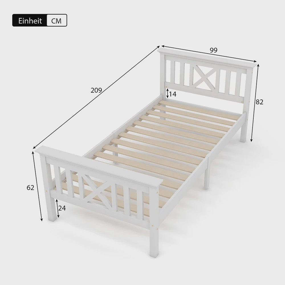 Massief Houten Eenpersoonsbed 90x200 cm met Lattenbodem en Hoofdbord - Wit Grenen