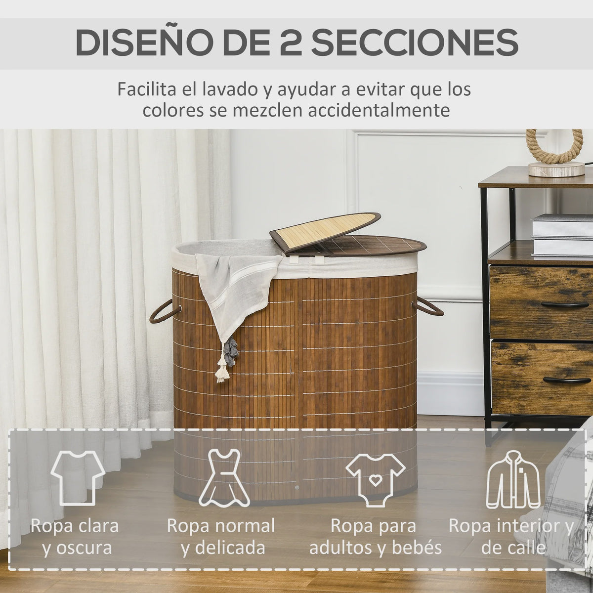 Homcom Bamboe Wasbox met Deksel en 2 Compartimenten - 100L