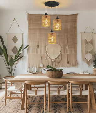 3-Lichts Rotan Hanglamp - Farmhouse Boho Stijl met Wicker Kappen voor Eetkamer, Keuken & Slaapkamer