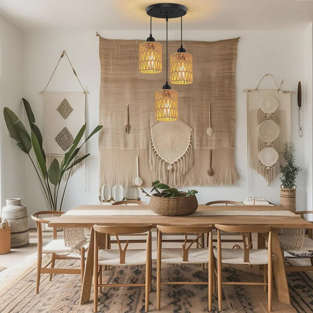 3-Lichts Rotan Hanglamp - Farmhouse Boho Stijl met Wicker Kappen voor Eetkamer, Keuken & Slaapkamer