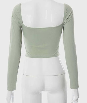 Dames Crop Top met Lange Mouwen, V-hals en Hart Uitsnede - Geribd & Stijlvol