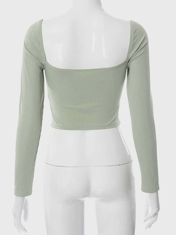 Dames Crop Top met Lange Mouwen, V-hals en Hart Uitsnede - Geribd & Stijlvol