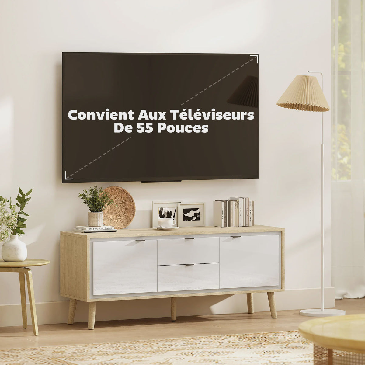 HOMCOM TV Meubel 120cm - Modern Wit & Eiken met Hoogglans Deuren en Laden