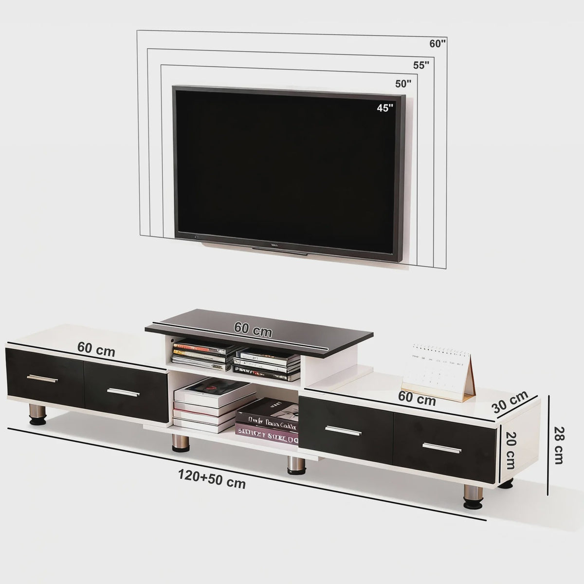 Uitschuifbaar TV Meubel 120-170 cm met 4 Lades, 3 Open Vakken en Metalen Frame