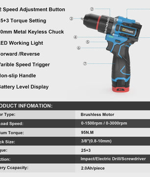 Gisam 95NM Brushless Elektrische Klopboormachine 3-in-1 Accu Schroefmachine