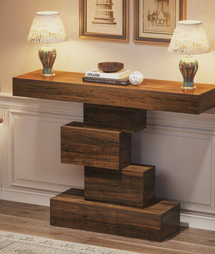 Rustieke Houten Console Tafel 108cm - Slimme Banktafel voor Hal of Entree met Geometrische Basis