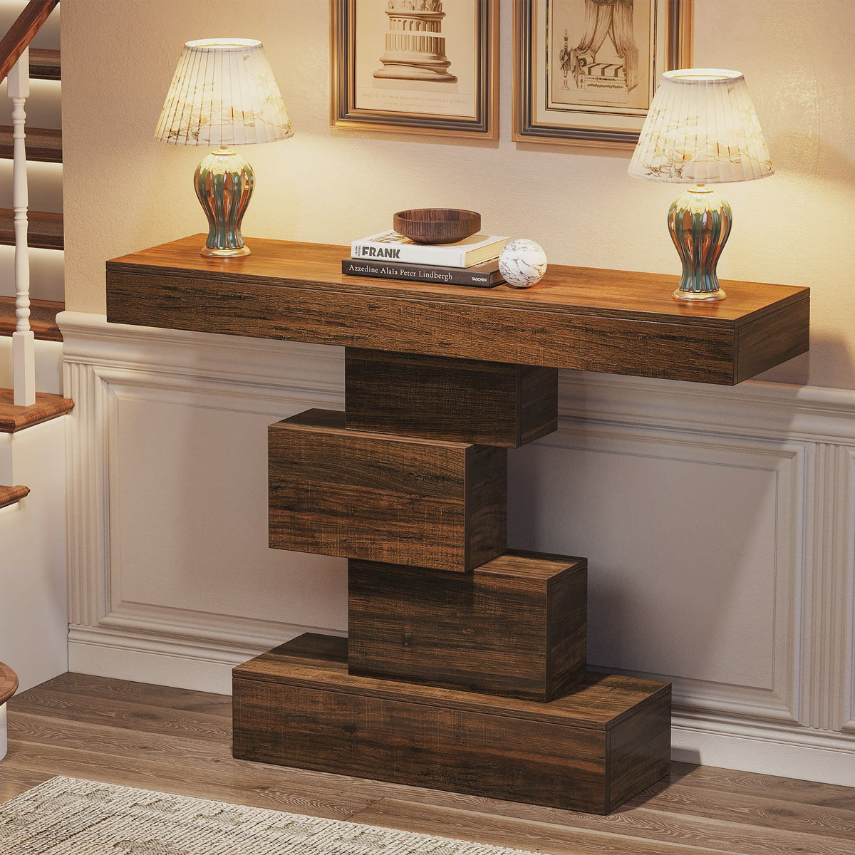 Rustieke Houten Console Tafel 108cm - Slimme Banktafel voor Hal of Entree met Geometrische Basis