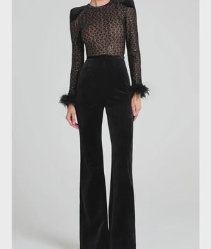 Elegante Dames Jumpsuit met Fluweel en Pailletten - Lange Mouwen & Flared Broek