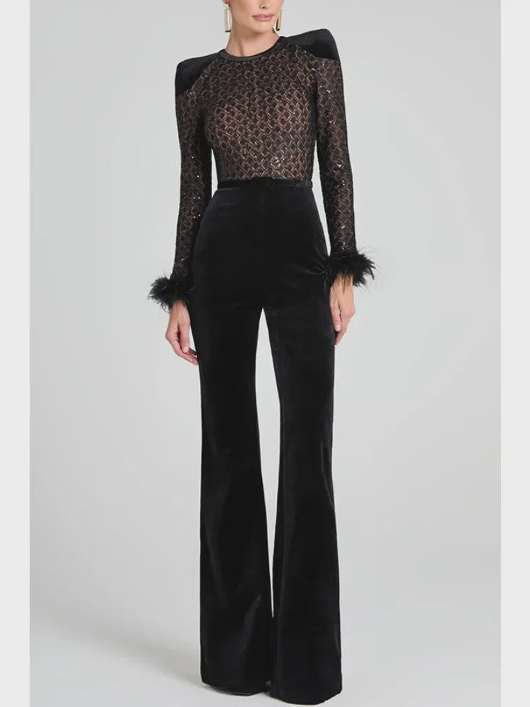 Elegante Dames Jumpsuit met Fluweel en Pailletten - Lange Mouwen & Flared Broek