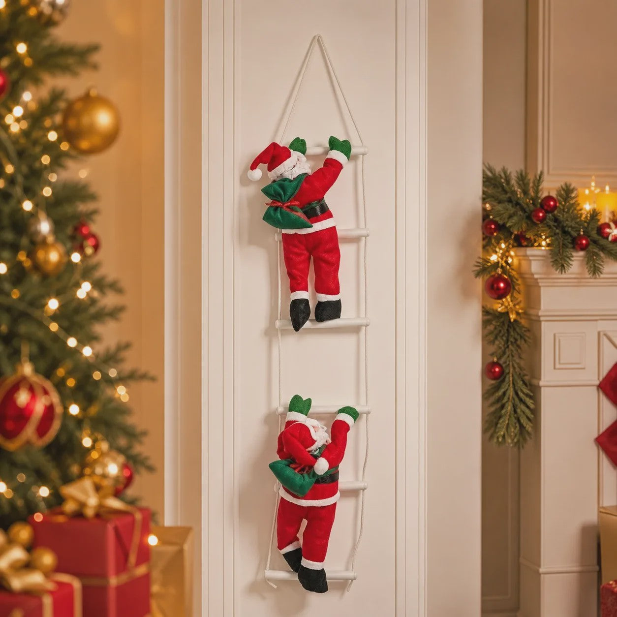 100cm Kerstman aan Ladder - Hangend Kerstdecoratie Ornament met Cadeauzak