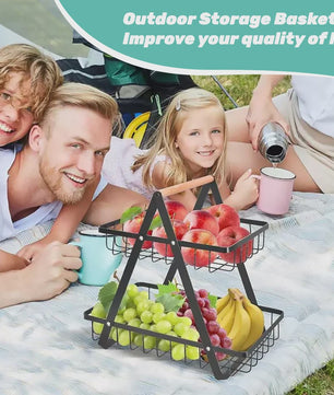 2-Laags Fruitmand met Houten Handvat - Afneembare Manden voor Fruit, Groenten & Snacks