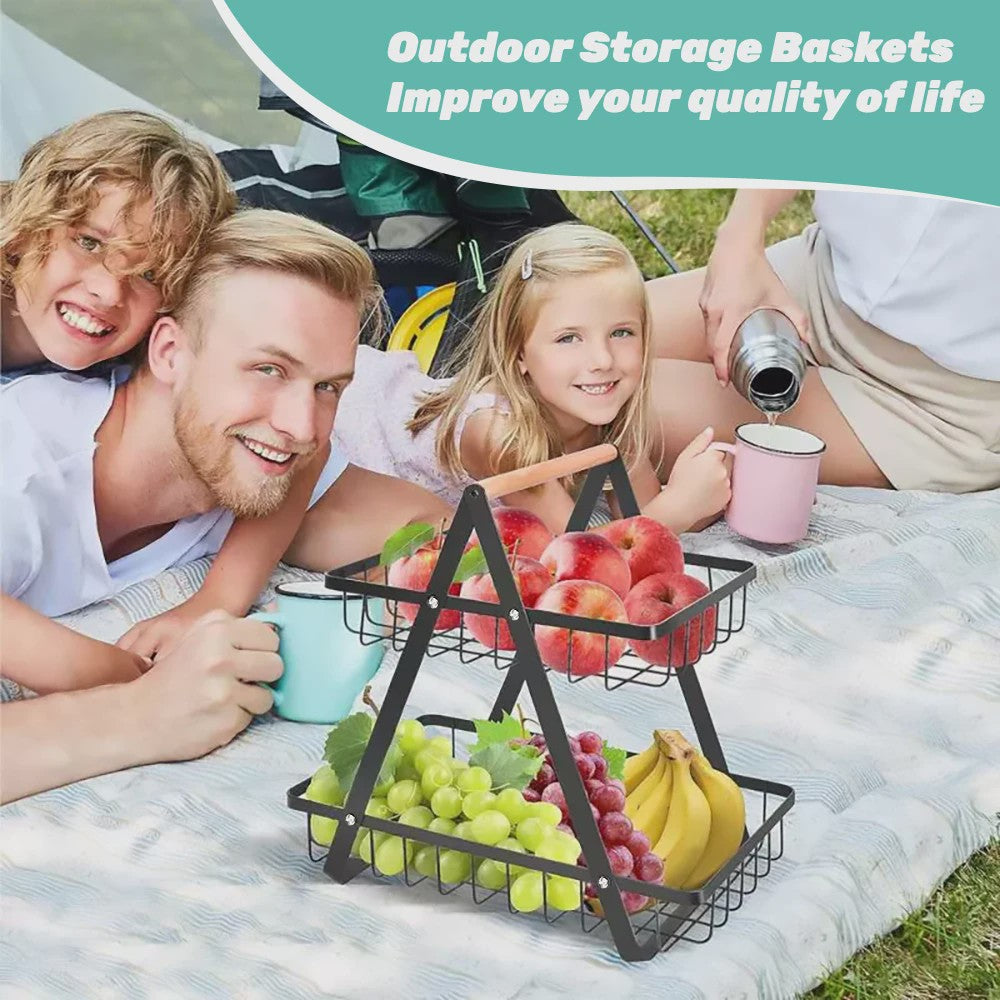 2-Laags Fruitmand met Houten Handvat - Afneembare Manden voor Fruit, Groenten & Snacks
