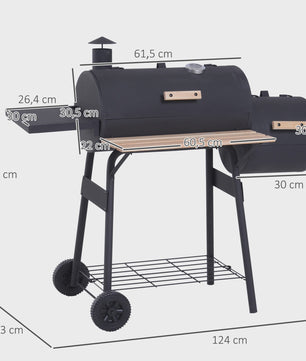 Outsunny Charcoal Smoker BBQ Grill met Thermometer, Wielen en Zijplanken - Zwart
