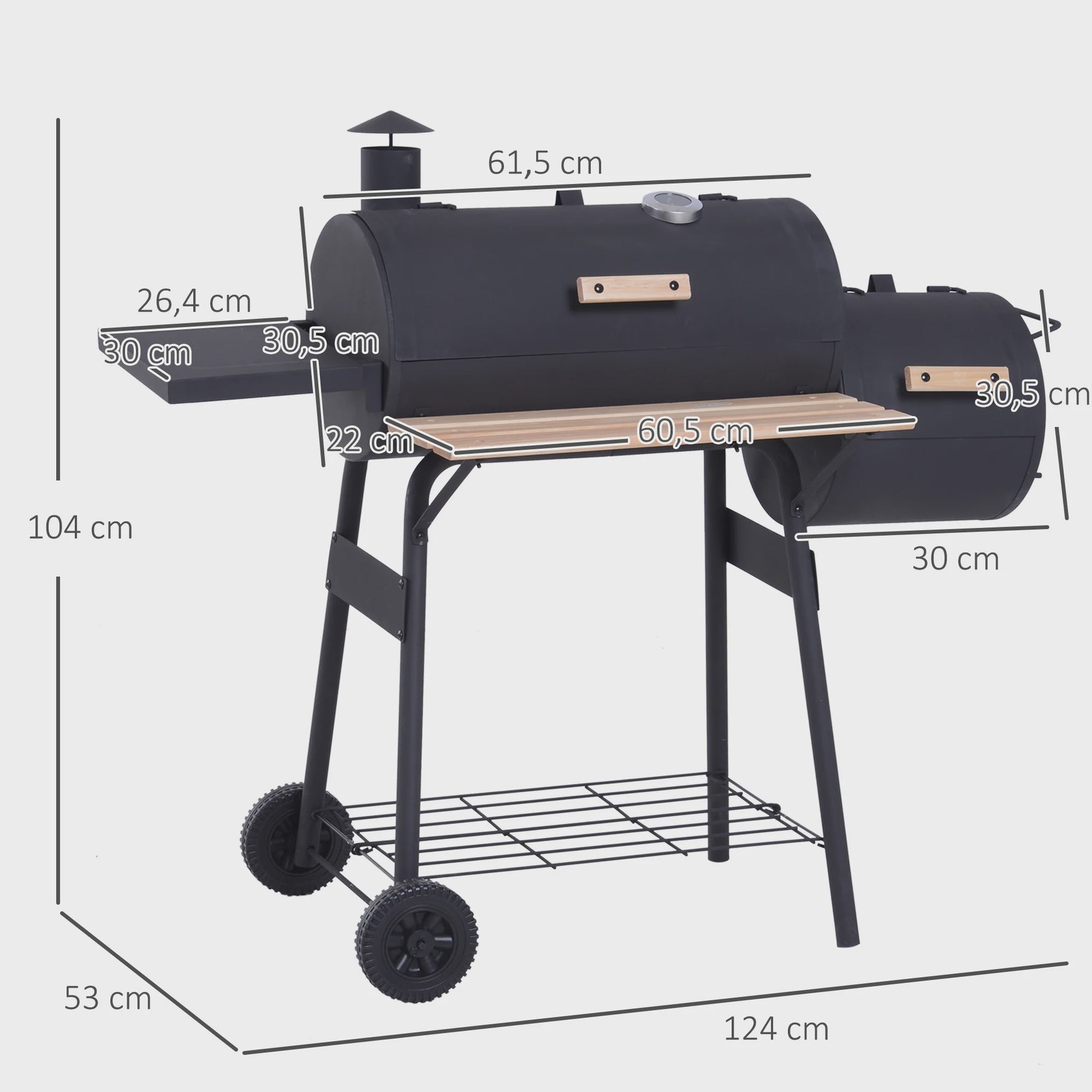 Outsunny Charcoal Smoker BBQ Grill met Thermometer, Wielen en Zijplanken - Zwart