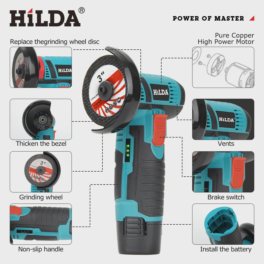 HILDA 12V Mini Haakse Slijper - Draadloos, Oplaadbaar voor Slijpen, Polijsten & Schuren