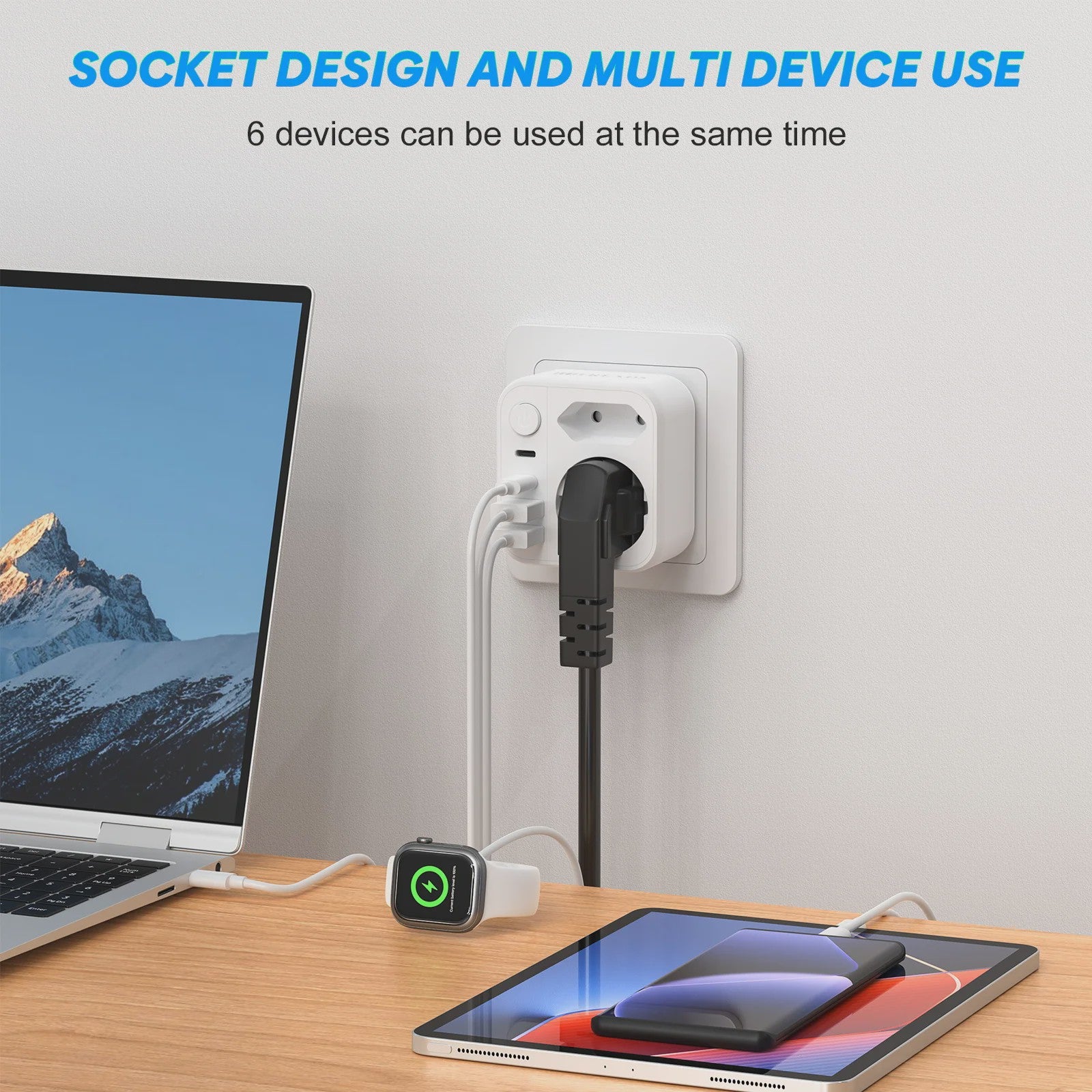 6-in-1 Reisadapter met USB-C, USB-A, Schuko & Euro Stekker - 17W Snelladen