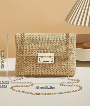 Stijlvolle Strooien Crossbody Tas met Gouden Kettingband - Perfect voor Dag en Avond