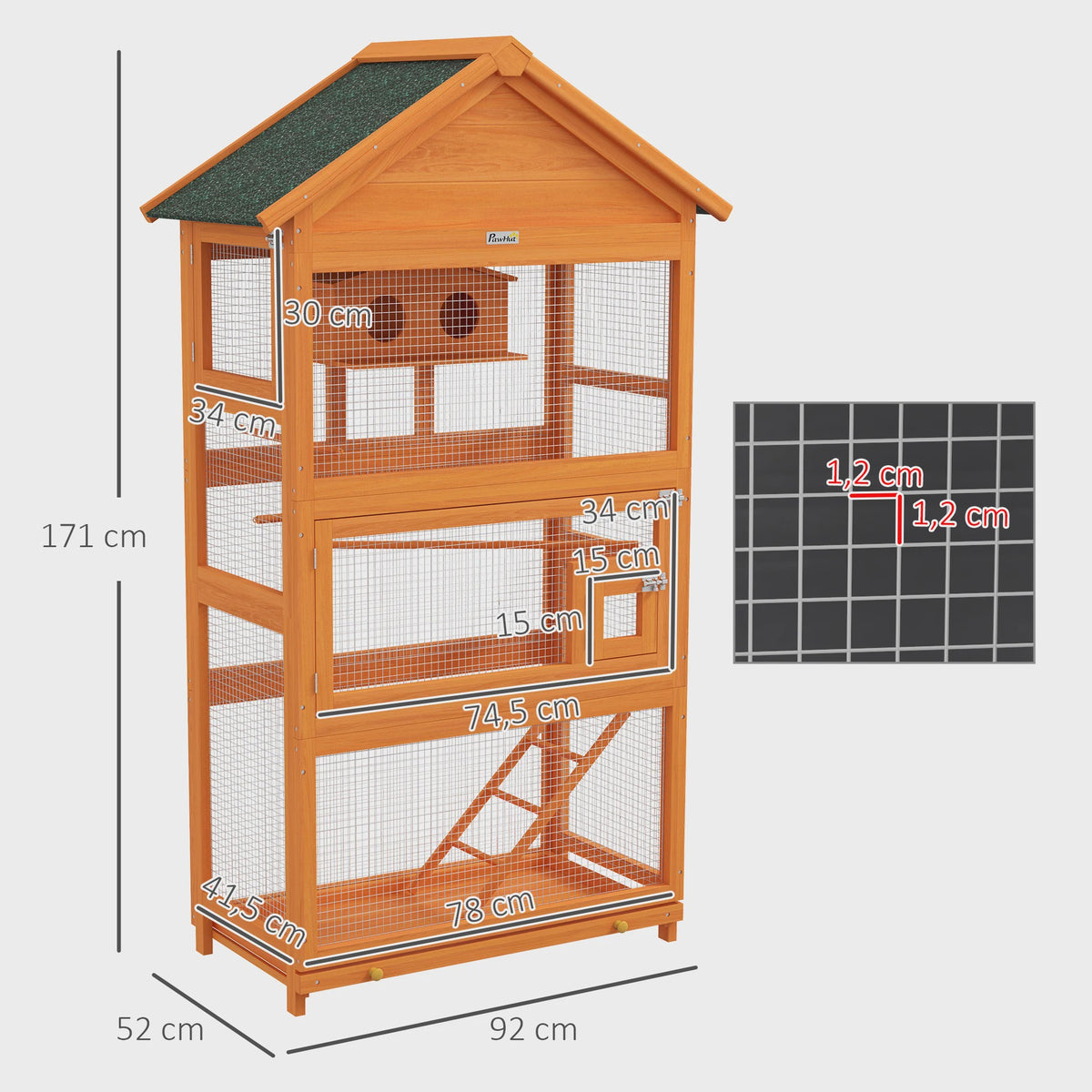 PawHut Houten Vogelkooi Papegaai Speeltuin met Asfalt Dak 92x52x171 cm Oranje