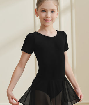 Girls Short Sleeve Ballet Leotard Girls Mesh Dance Leotard with Skirt  Kids Back Bow Knot Dancewear
