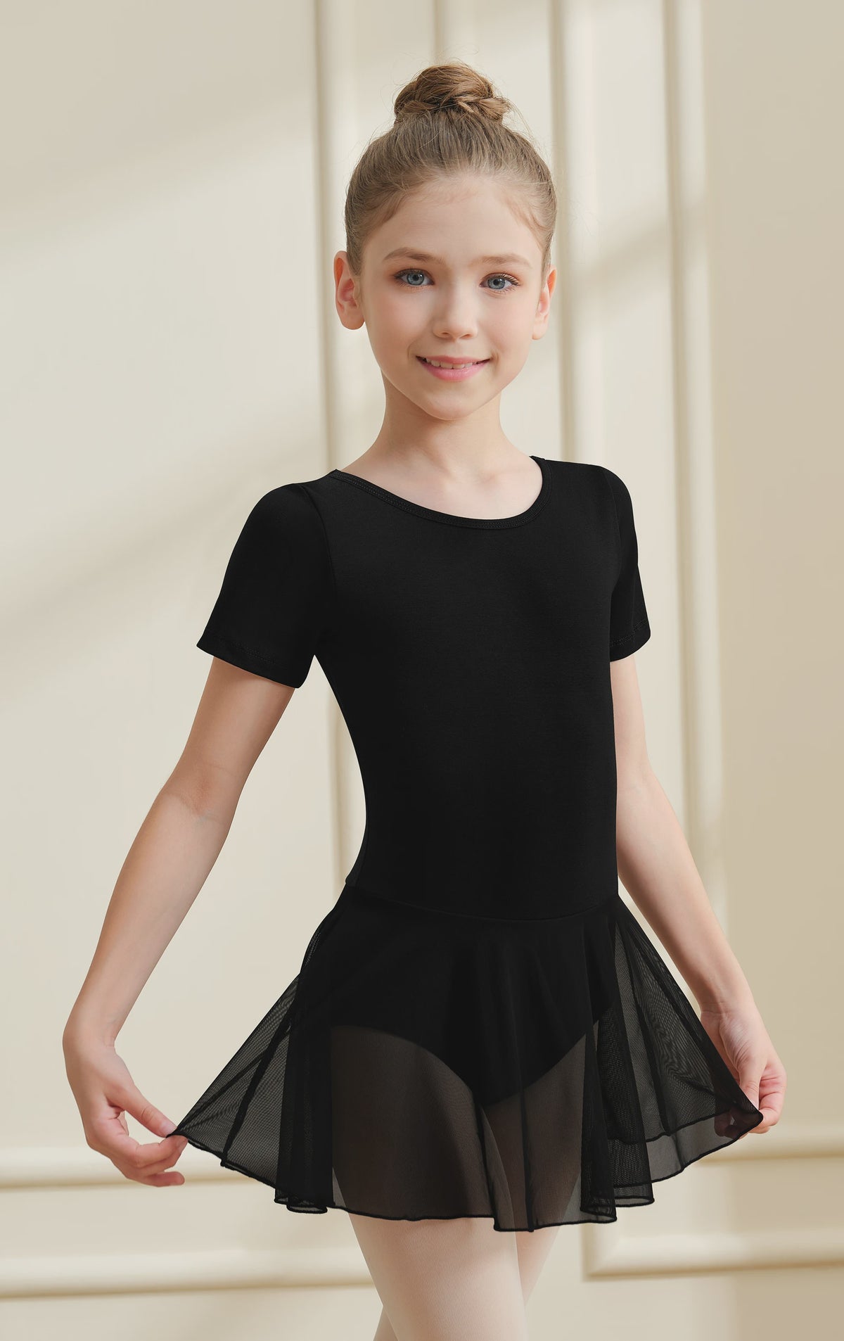 Girls Short Sleeve Ballet Leotard Girls Mesh Dance Leotard with Skirt  Kids Back Bow Knot Dancewear