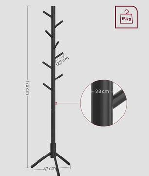 VASAGLE Houten Kapstok - 3 Hoogtes Verstelbaar, 8 Haken, 175cm Hoog