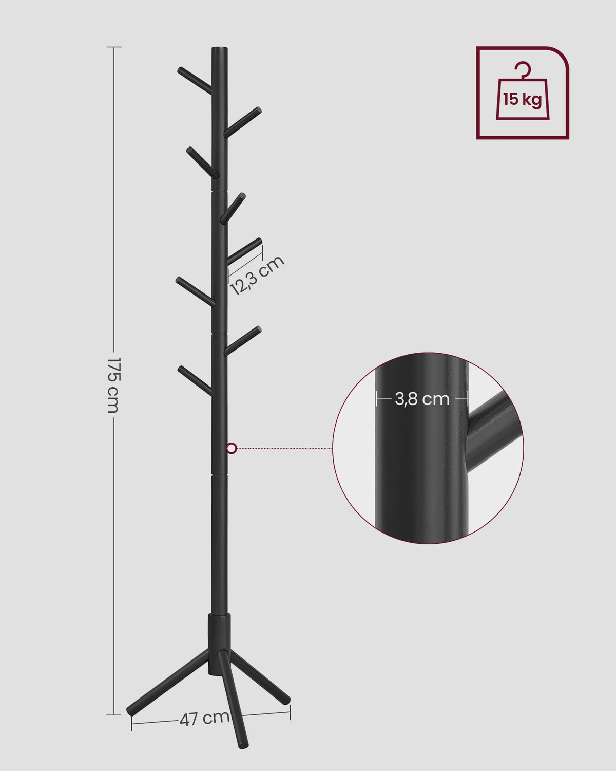 VASAGLE Houten Kapstok - 3 Hoogtes Verstelbaar, 8 Haken, 175cm Hoog