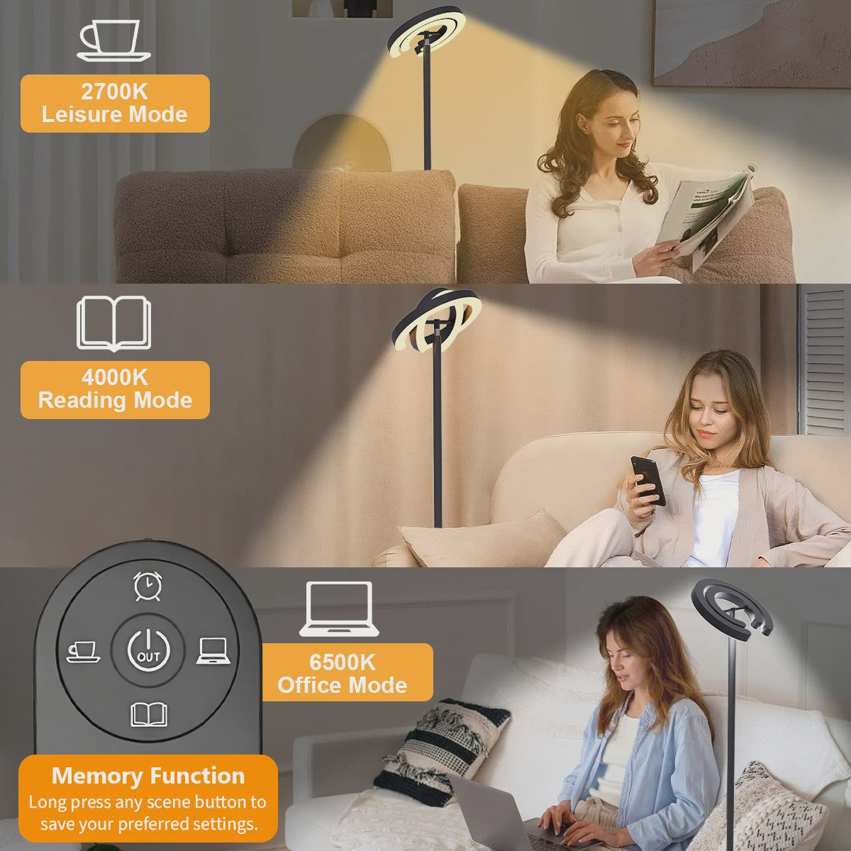 Moderne LED Vloerlamp met Afstandsbediening - Dimbare Staande Leeslamp met 2 Draaibare Lichten