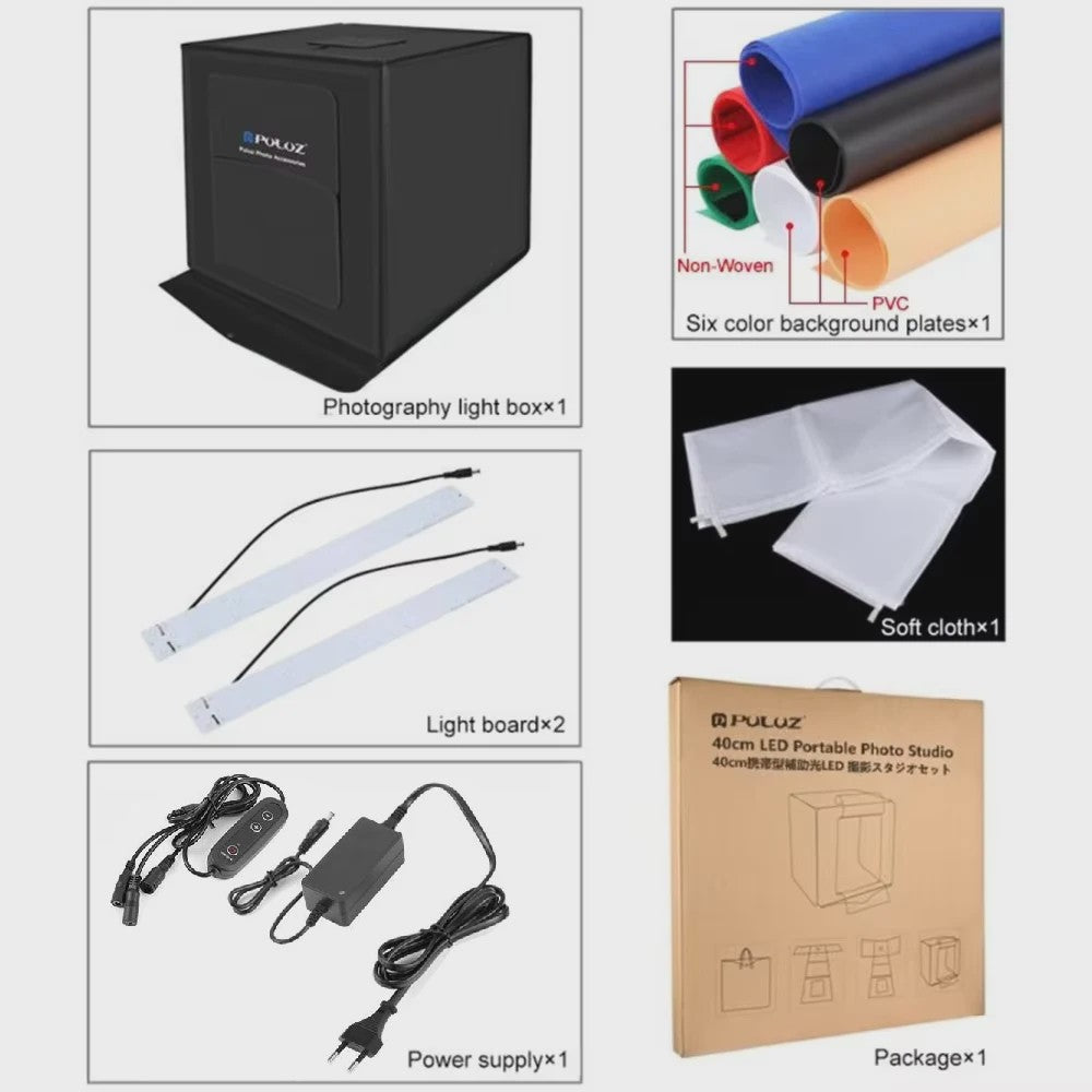 PULUZ 40CM Fotografie Lightbox - Dimbare Dual LED Studio Tent met 6 Kleuren Achtergronden