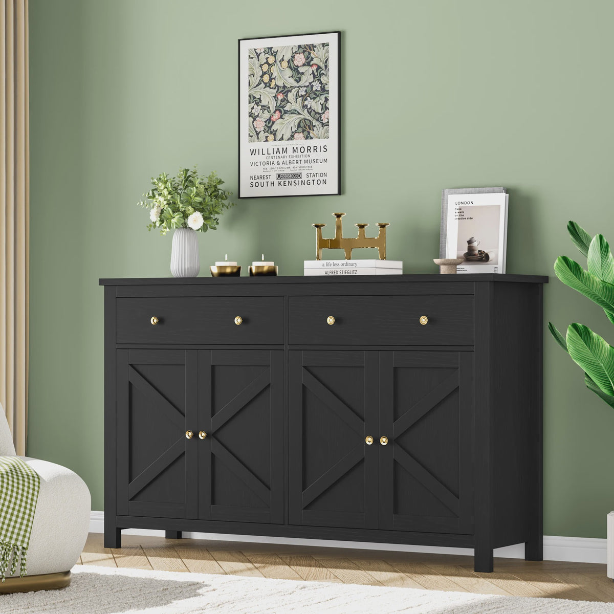 Stijlvol Wit Dressoir 140cm met Houten Top - Ruime Opbergkast voor Woon- en Eetkamer