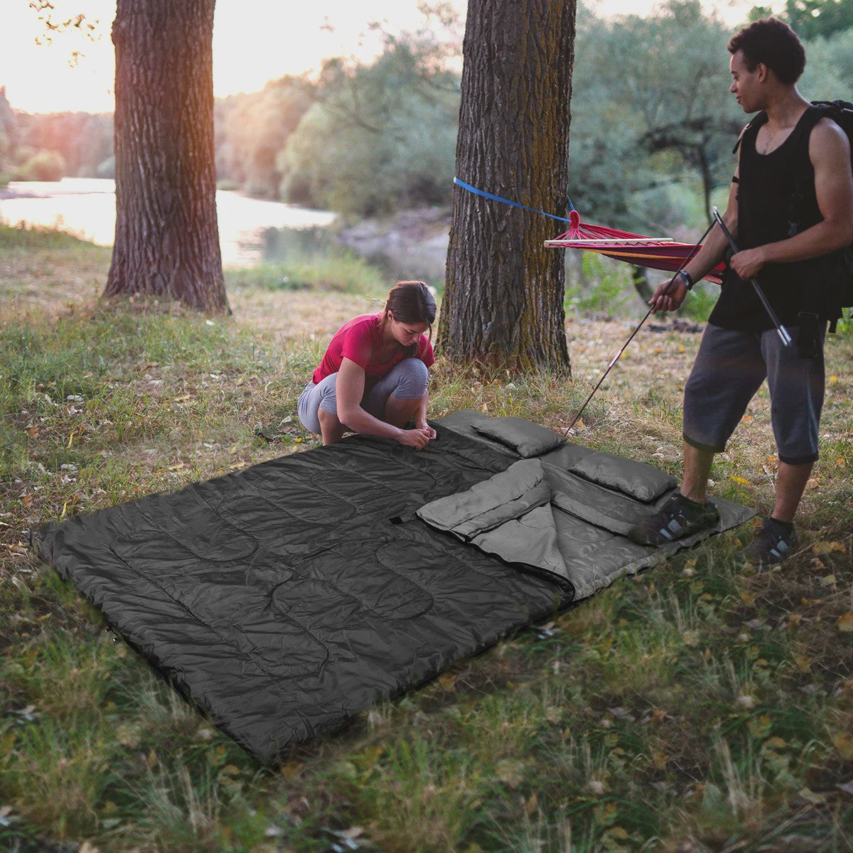 2-in-1 Slaapzak XL voor 2 Personen | Dubbel of Twee Enkele Slaapzakken | Inclusief 2 Kussens | 220x150cm