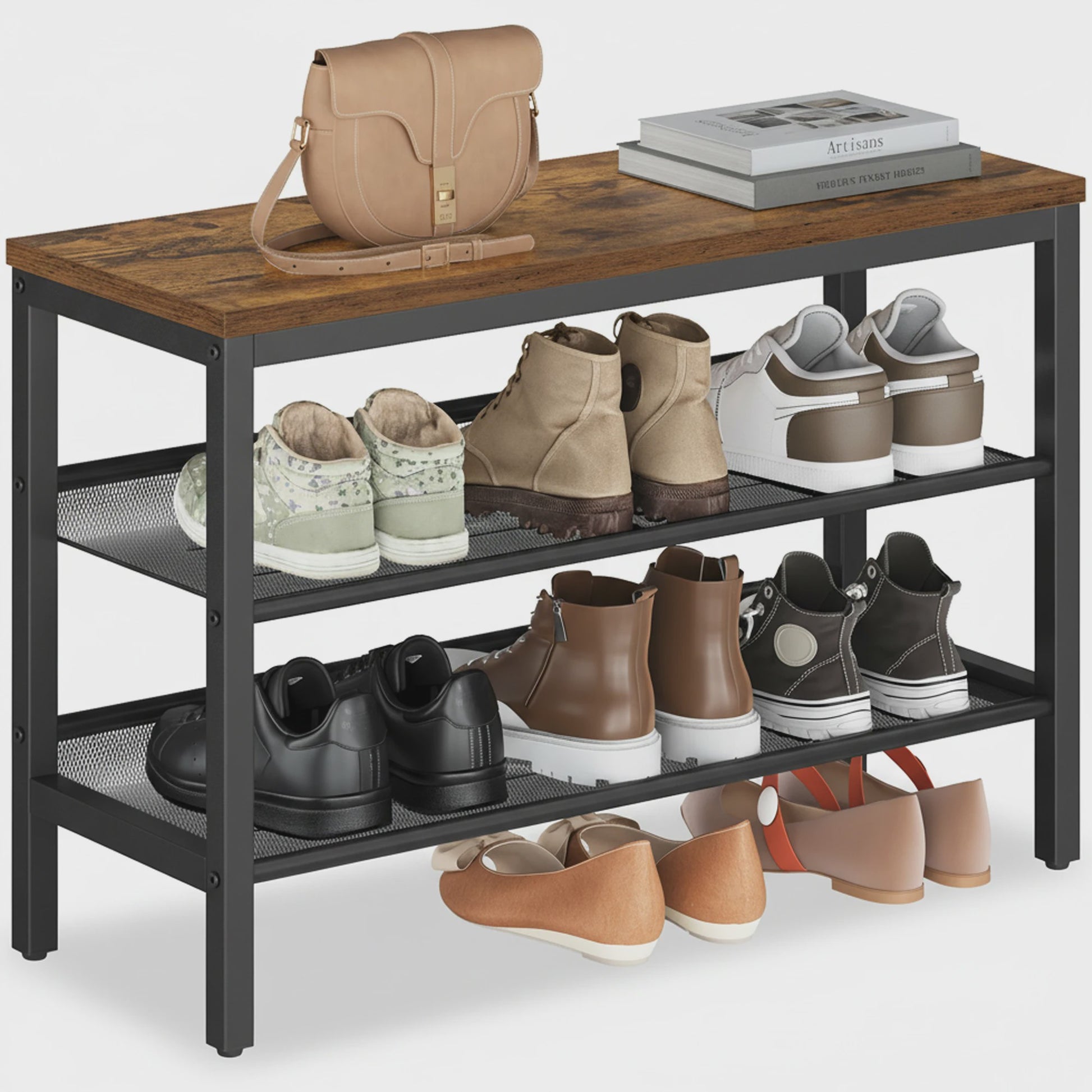 VASAGLE 3-laags Schoenrek - Industrieel Design met Verhoogde Randen
