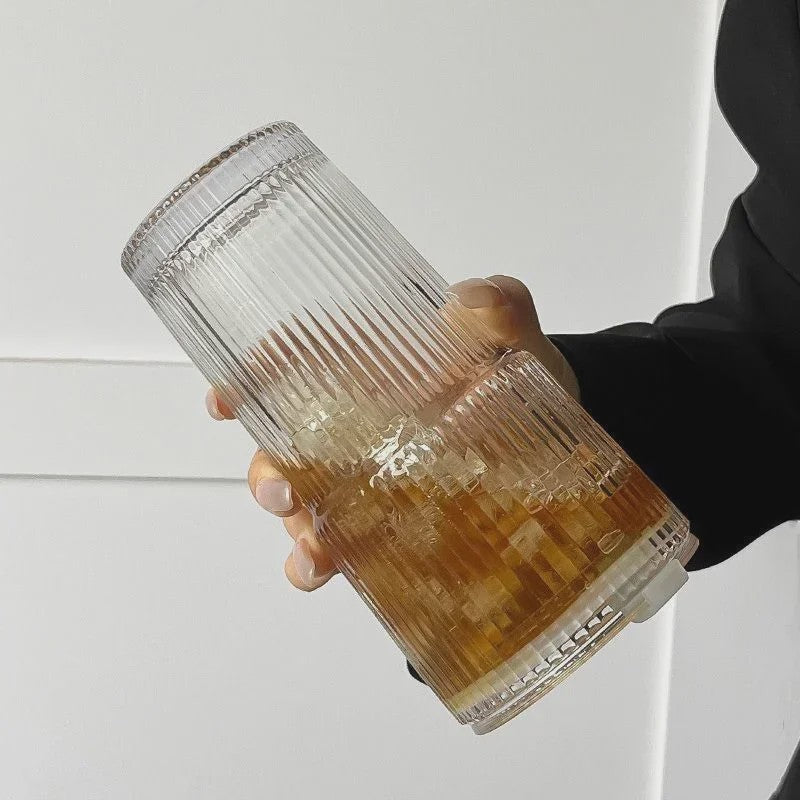 Glazen Koffiebeker met Ribbelpatroon, Deksel & Rietje - 600ML