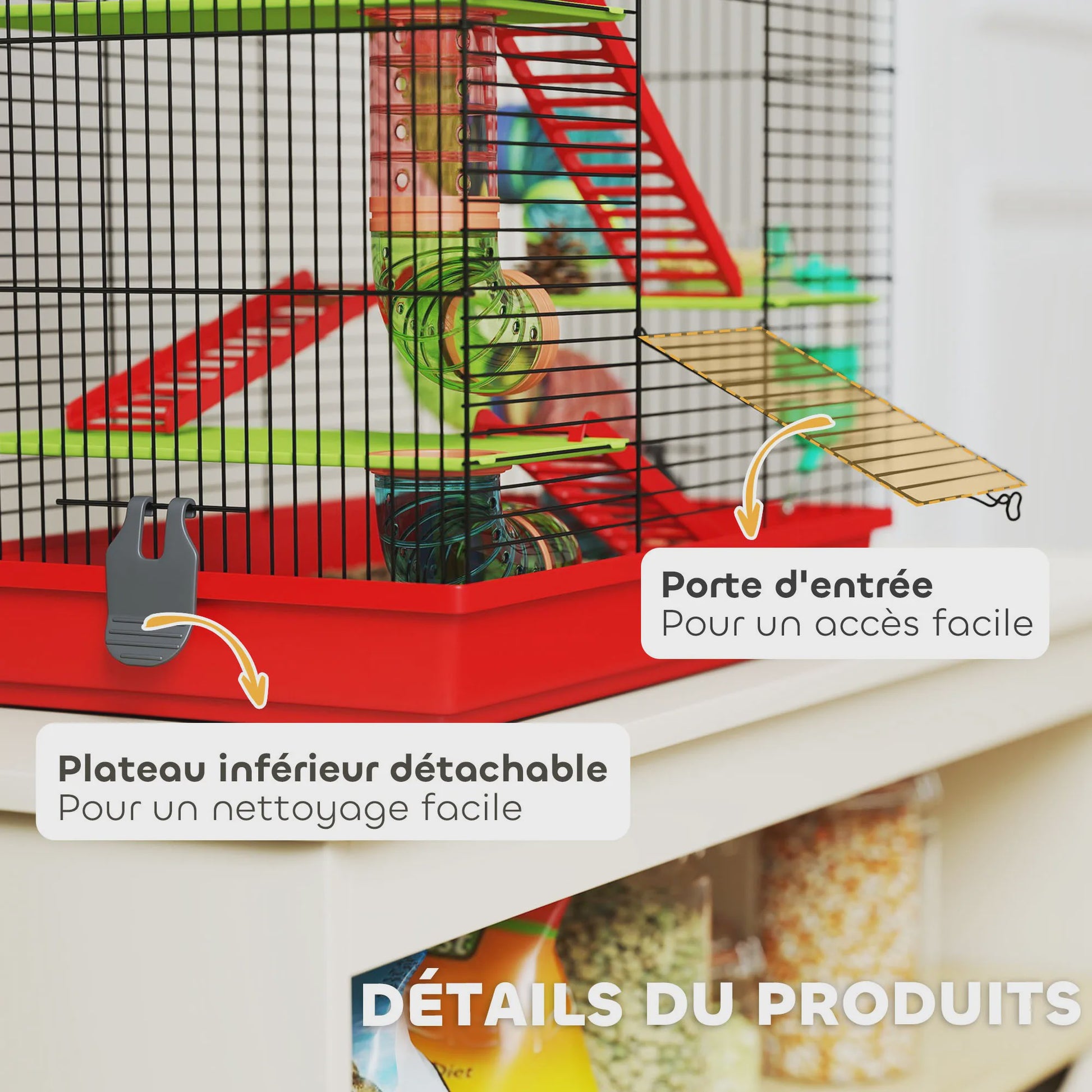 Grote Hamsterkooi met Tunnel, Loopwiel en Voerbak - 47x30x59 cm Rood