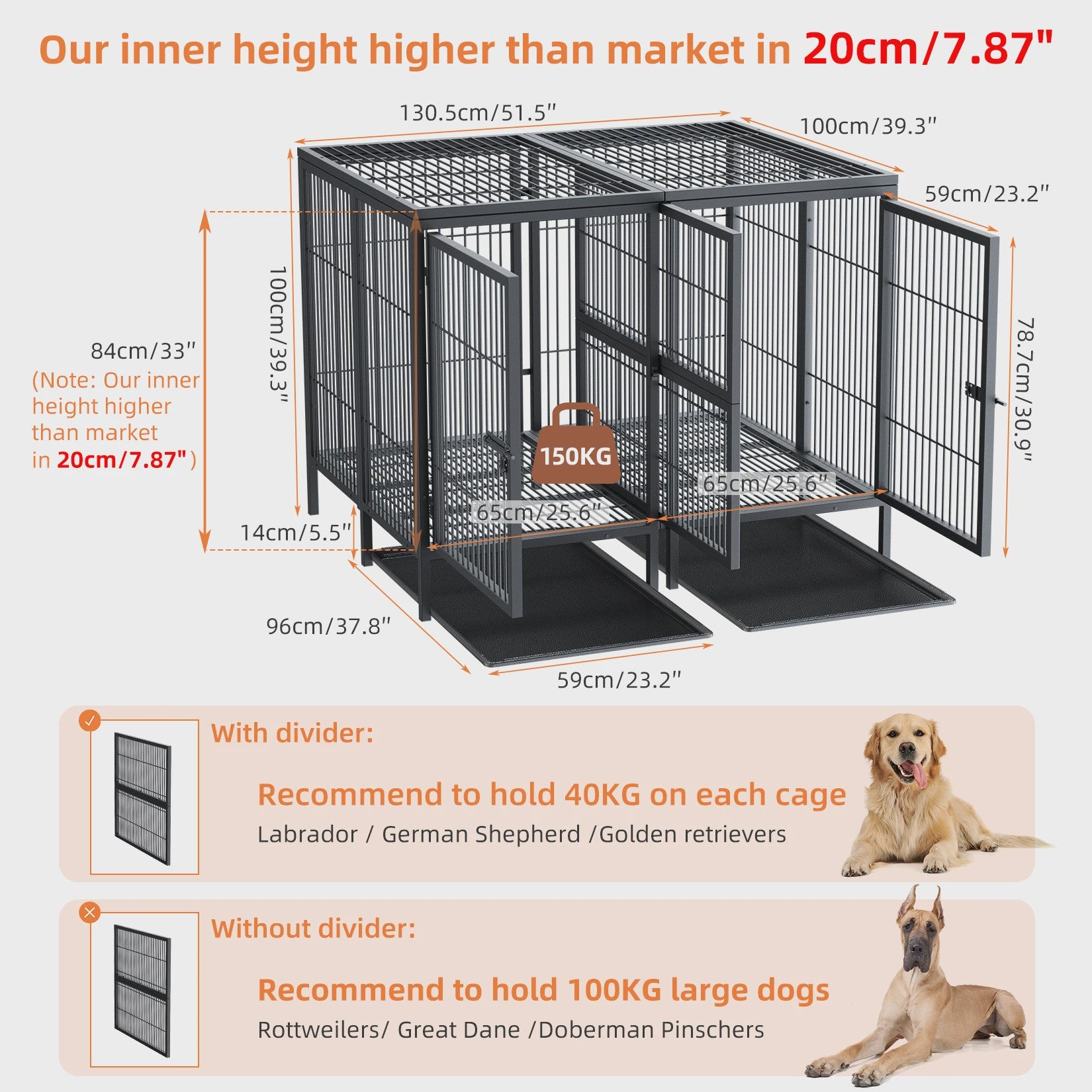 Heavy Duty Hondenbench 52 Inch Extra Groot Metaal met Uitneembaar Tussenschot - Trainingskennel & Speelpen