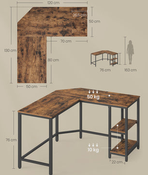 VASAGLE L-vormig Hoekbureau - Ruimtebesparend Kantoor Bureau 130x120x76 cm