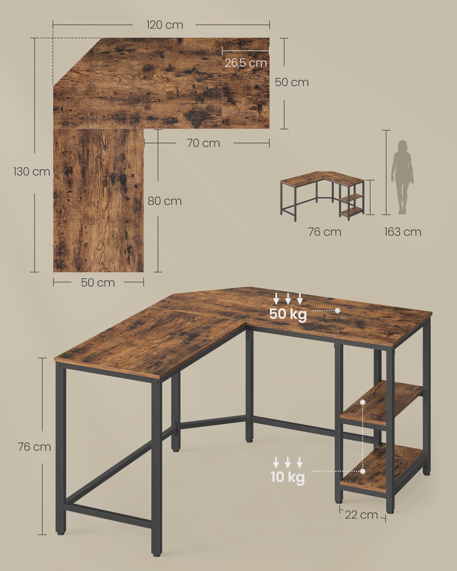 VASAGLE L-vormig Hoekbureau - Ruimtebesparend Kantoor Bureau 130x120x76 cm