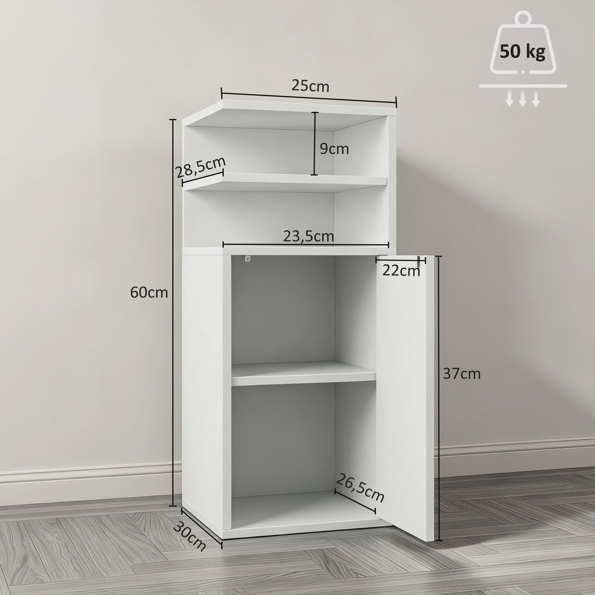 Set van 2 Witte Nachtkastjes met Deur en Open Vakken - Compact Slaapkamer Meubel 25x30x60 cm