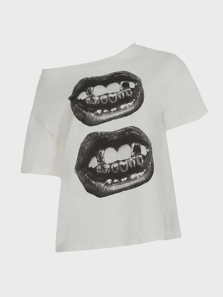 Dames T-shirt met Streetwear Hip Hop Mondprint - Losse Pasvorm